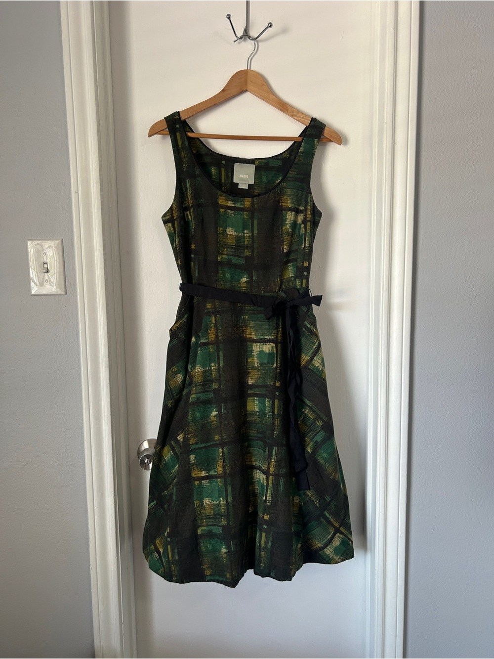 Maeve Green and Gold Plaid Sleeveless Fit-and-Flare Dress with Black Tie
